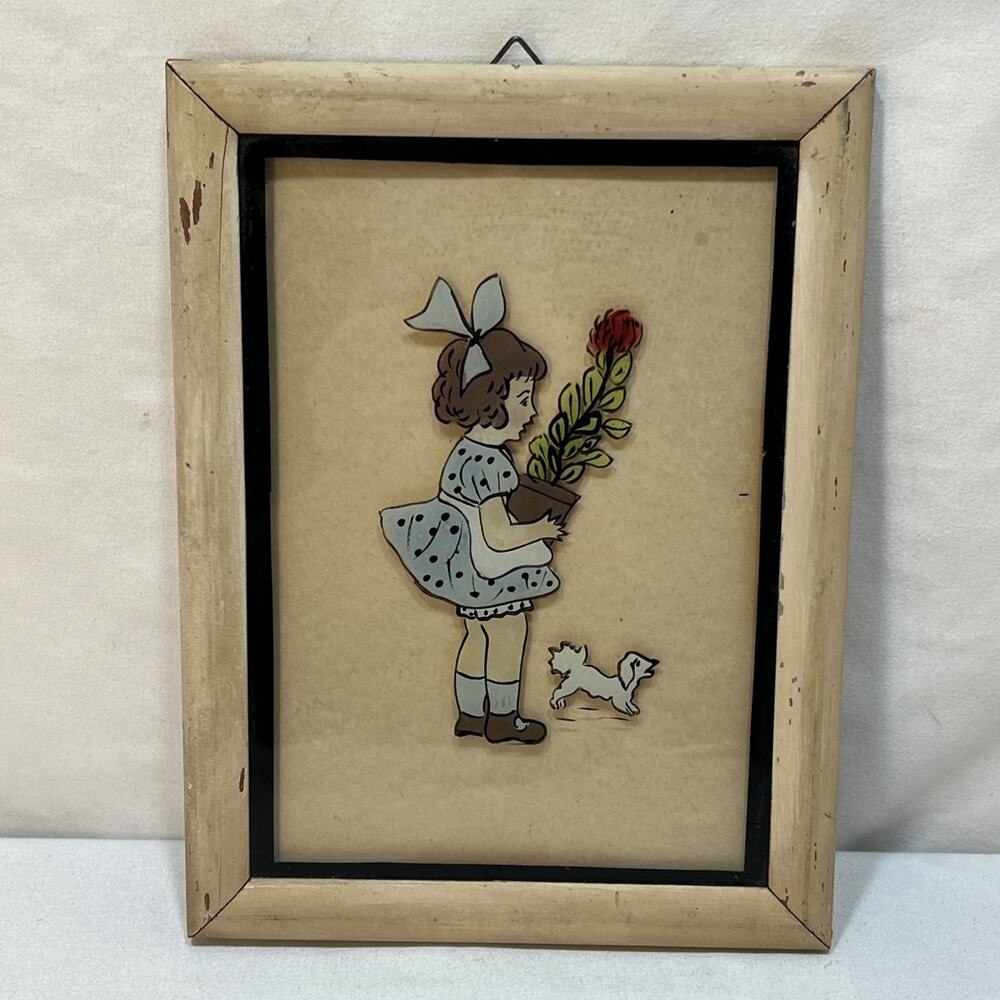 Vintage Reverse Painting On Glass Girl Flower Pot White Dog Small Meier & Frank